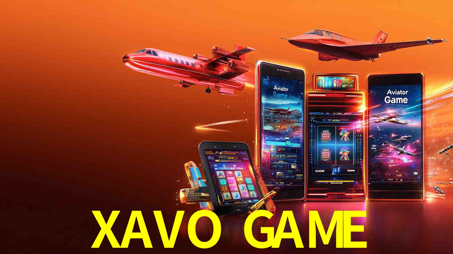 Escena dinámica inspirada en casino con iluminación XAVO GAME, cartas, fichas e íconos de juegos digitales en un espacio moderno de juegos.