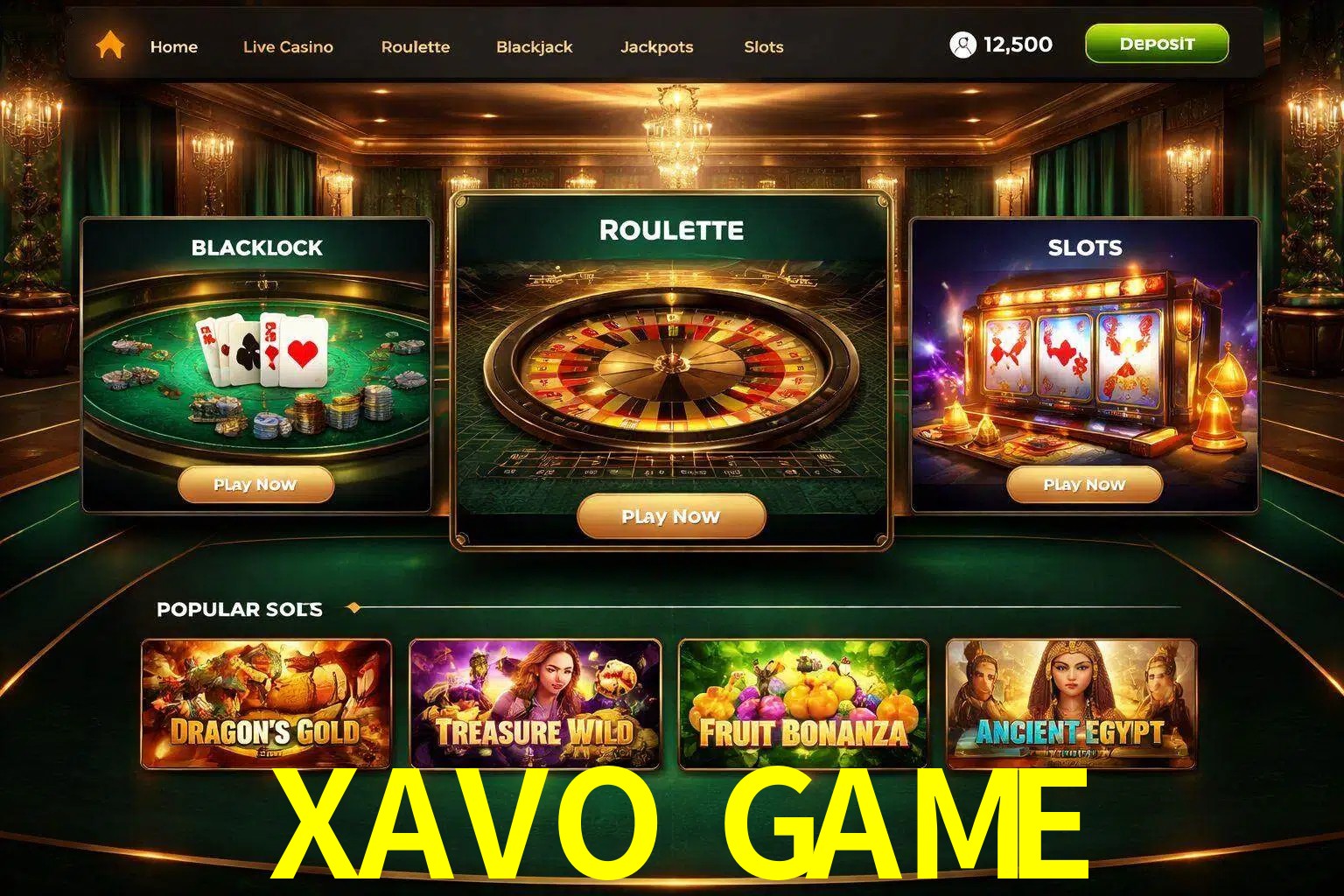 Vista de la plataforma XAVO GAME Casino mostrando categorías organizadas de juegos en línea
