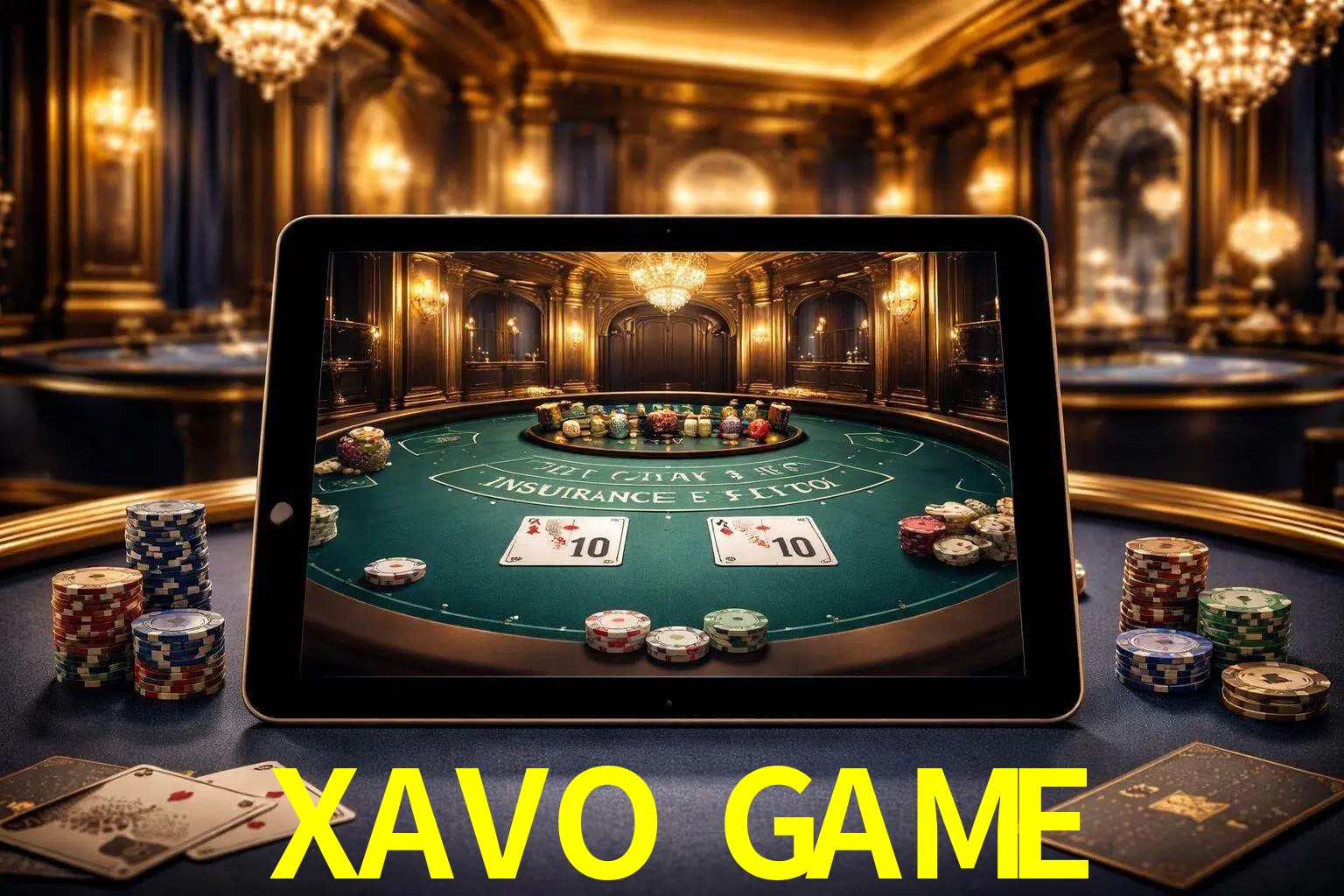 Configuración moderna de casino en vivo con una tableta mostrando una mesa de blackjack, luces cálidas de estudio y una atmósfera elegante de juegos digitales.
