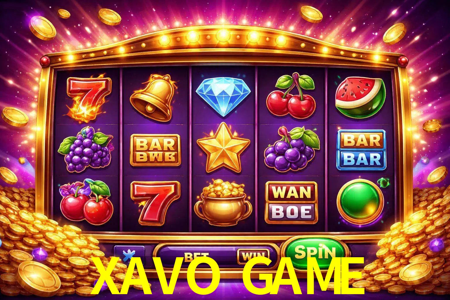 Una interfaz colorida de tragamonedas en línea con símbolos brillantes, monedas y un efecto de victoria celebratoria en XAVO GAME.
