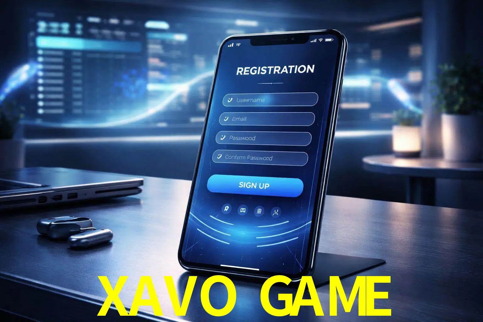 Una interfaz moderna de registro móvil para XAVO GAME mostrada en un smartphone con un panel de apuestas elegante.